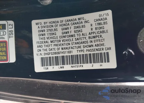 2015 Honda Civic Ex-L z USA, uszkodzony, nr VIN 2HGFG3B06FH511691